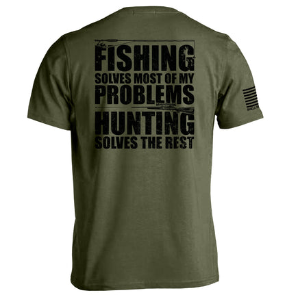 Fishing Solves Most Of My Problems Shirt with distressed lettering and hunting imagery on olive green background.
