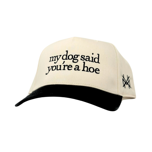 Beige cap with black text and logo on a white background