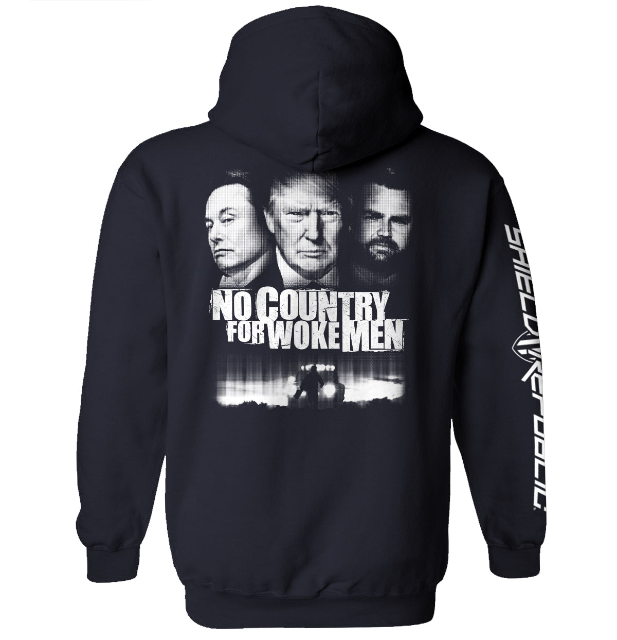 No Country for Woke Men Shirt with bold anti-woke statement, black-and-white design featuring three figures, cinematic-inspired graphic tee
