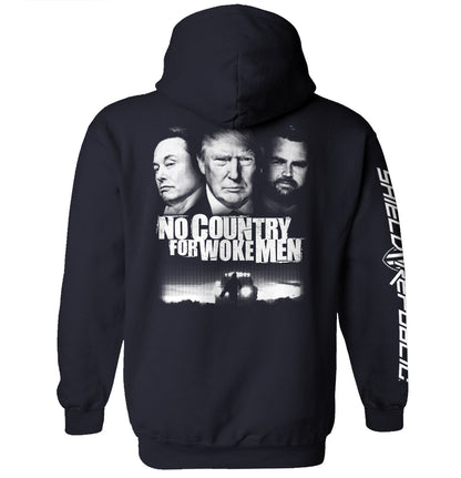 No Country for Woke Men Shirt with bold anti-woke statement, black-and-white design featuring three figures, cinematic-inspired graphic tee