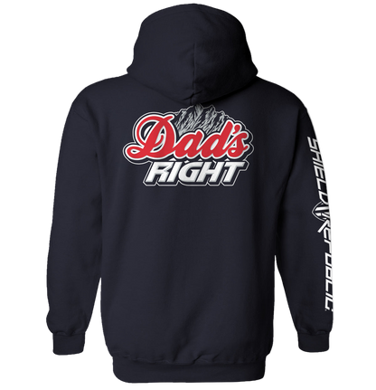 Black hoodie with 'Dad's Fight' text on the back and sleeve branding.