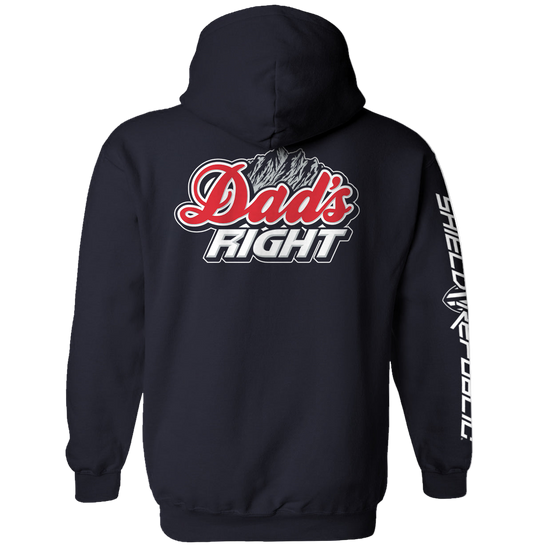 Black hoodie with 'Dad's Fight' text on the back and sleeve branding.