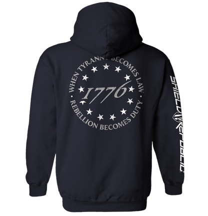 Black hoodie with text and star design on the back, displayed on a white background