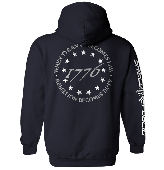 Black hoodie with text and star design on the back, displayed on a white background