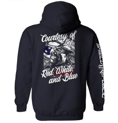 Courtesy Of The Red White And Blue T-Shirt with patriotic graphic and vintage style on dark hoodie