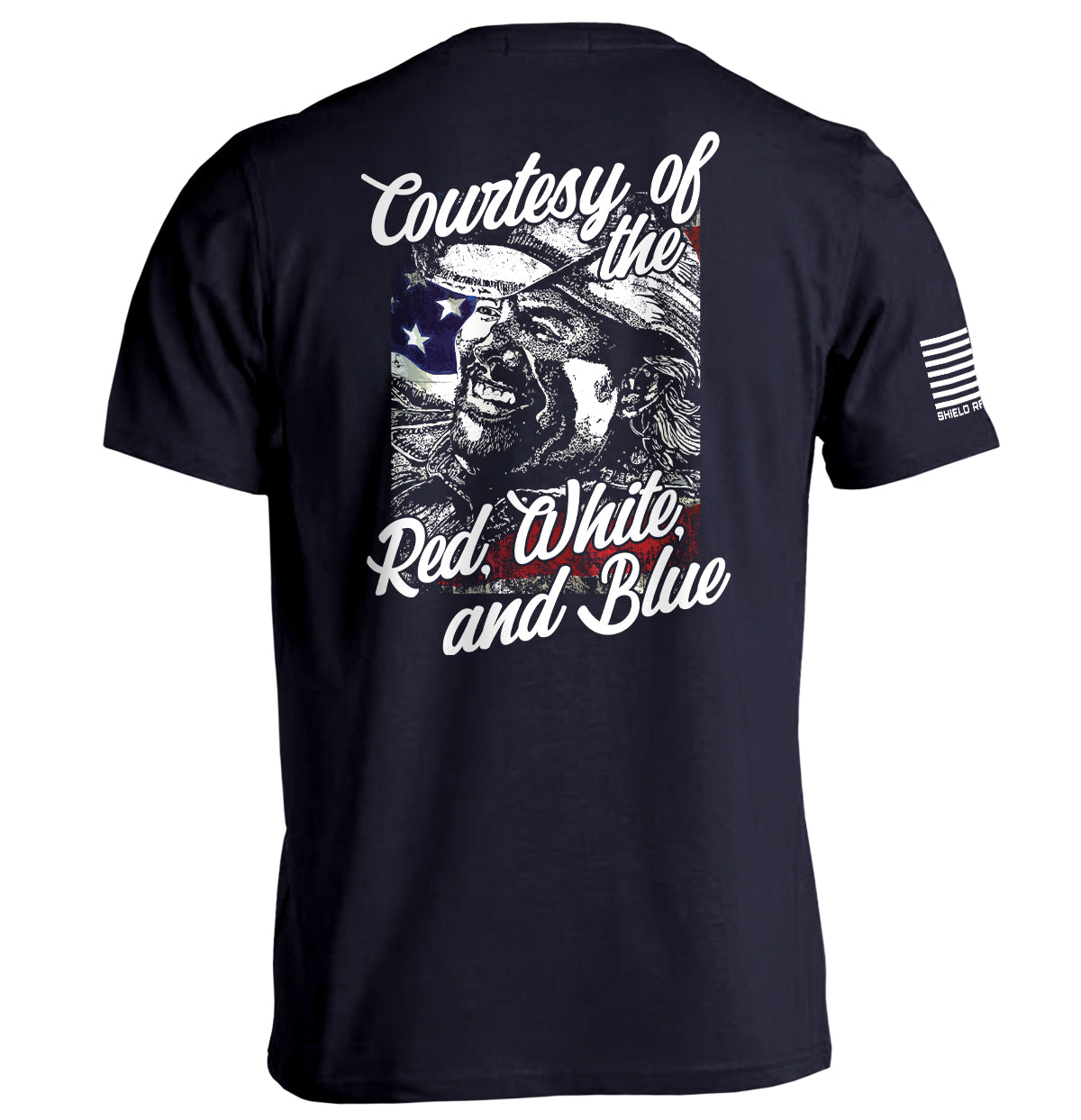 Courtesy Of The Red White And Blue T-Shirt featuring a vintage patriotic graphic with distressed American imagery.