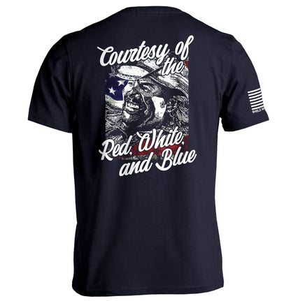 Courtesy Of The Red White And Blue T-Shirt featuring a vintage patriotic graphic with distressed American imagery.