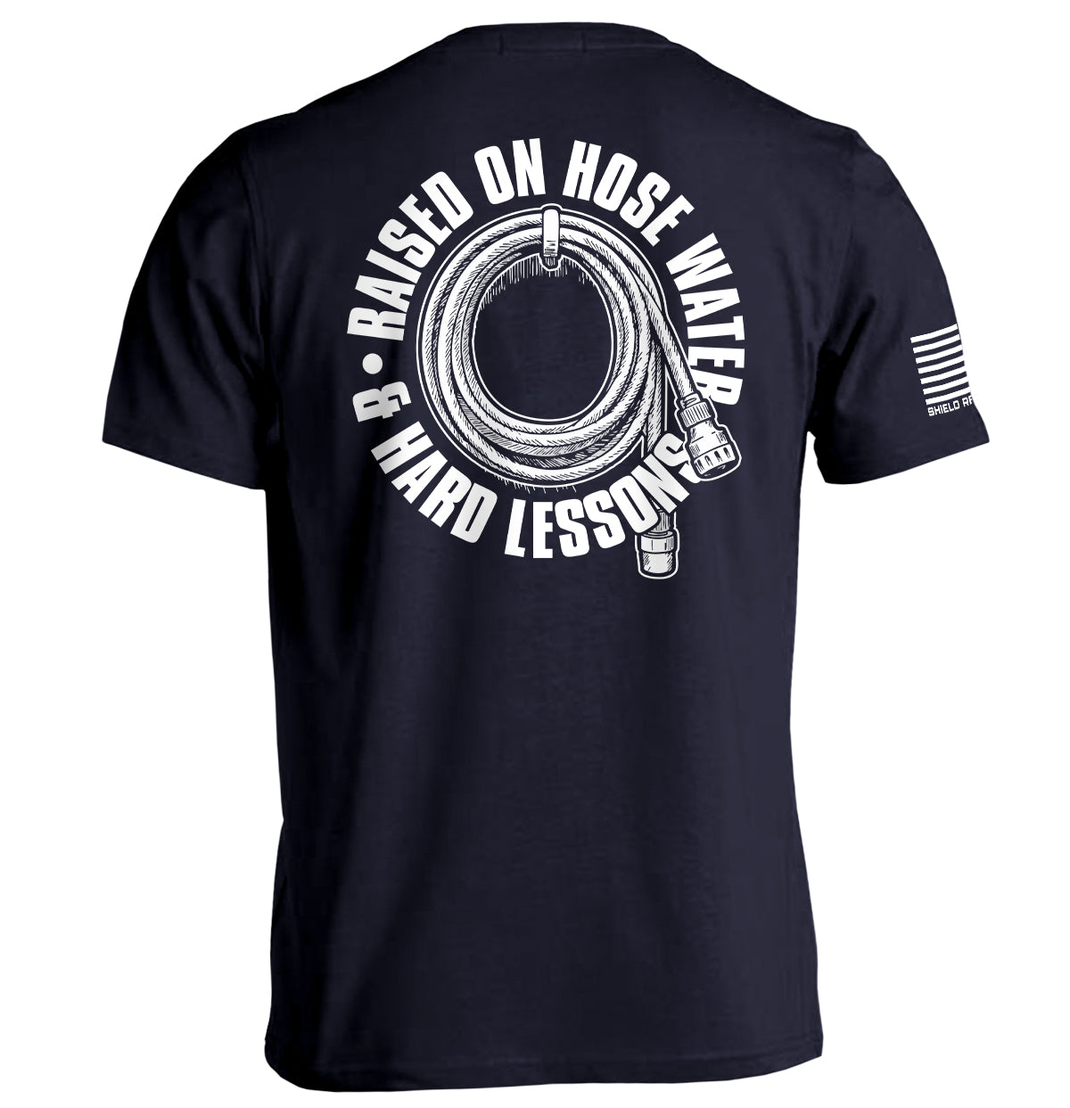 Raised On Hose Water & Hard Lessons Shirt in black with nostalgic design, perfect for blue collar style lovers.