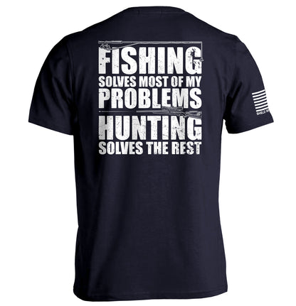 Fishing Solves Most Of My Problems Shirt with bold distressed lettering for anglers and hunters, featuring outdoor imagery.