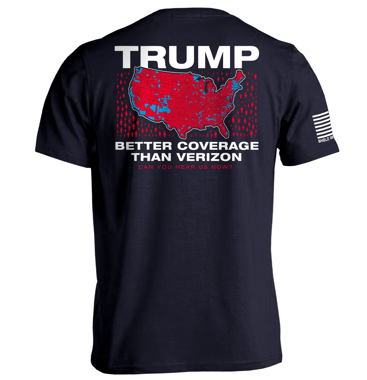 Trump Better Coverage Than Verizon T-Shirt with humorous map design on navy background