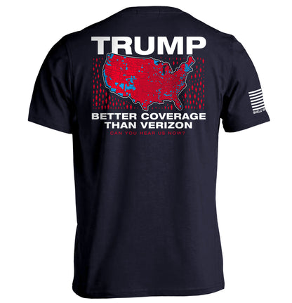 Trump Better Coverage Than Verizon T-Shirt with humorous map design on navy background