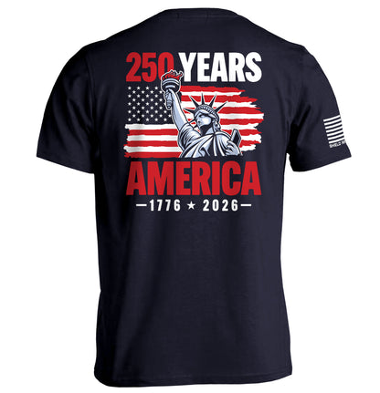 250 Years Statue of Liberty Shirt featuring American flag and anniversary design, celebrating 1776-2026 America 250 milestone.