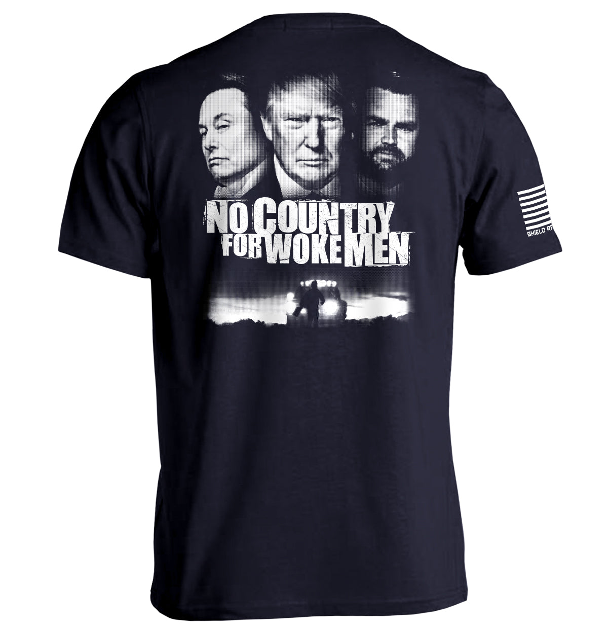 No Country for Woke Men Shirt featuring bold black-and-white graphic design with political figures, dramatic cultural statement tee.