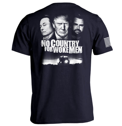 No Country for Woke Men Shirt featuring bold black-and-white graphic design with political figures, dramatic cultural statement tee.
