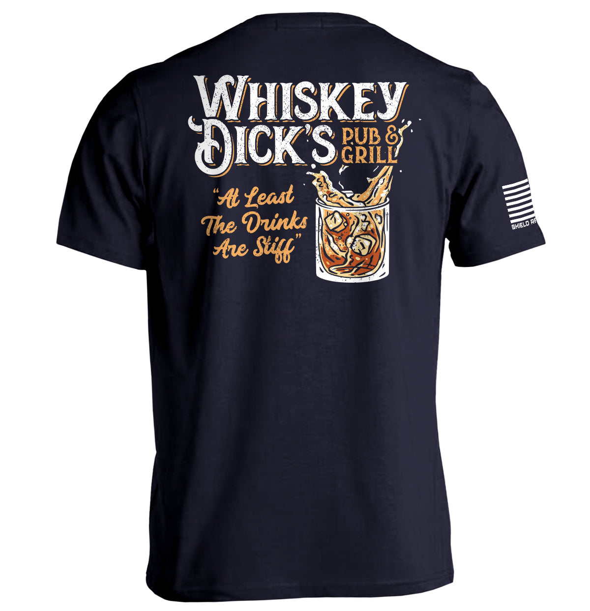 Whiskey Dick’s Pub & Grill Shirt with funny whiskey drinking graphic and pub-style design on black tee, perfect for casual wear.