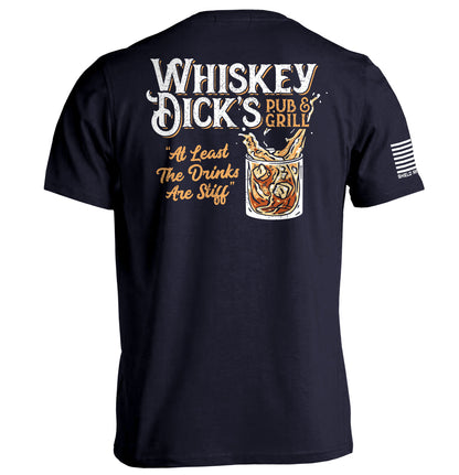 Whiskey Dick’s Pub & Grill Shirt with funny whiskey drinking graphic and pub-style design on black tee, perfect for casual wear.