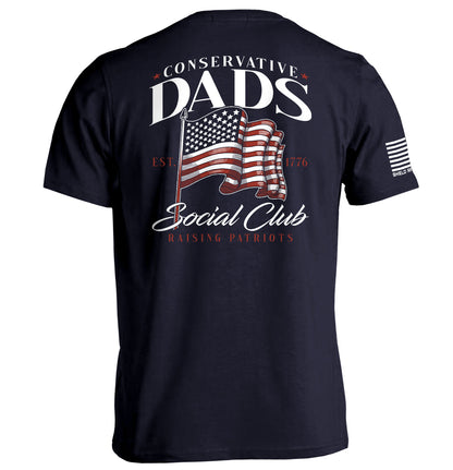 Conservative Dads Social Club T-Shirt with American flag design, perfect patriotic tee for dads celebrating liberty and freedom.