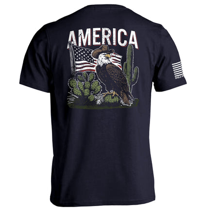 America Eagle Western T-Shirt with patriotic eagle and cacti design, emphasizing strength and American pride in a rugged style.