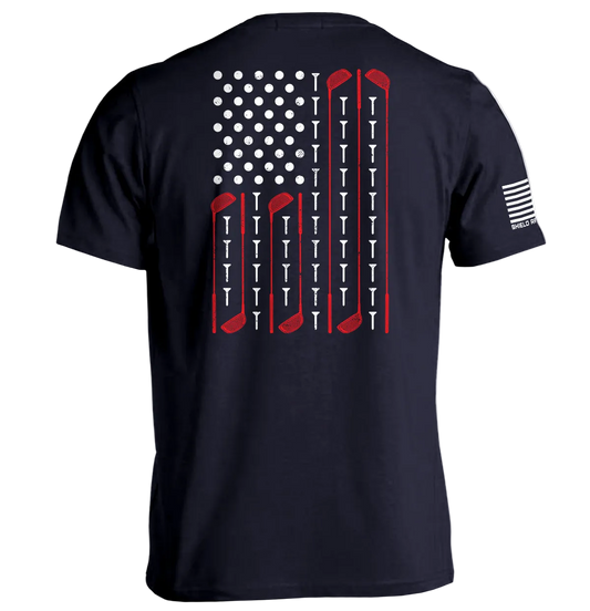 Black t-shirt with golf-themed design on the back, featuring a flag pattern with golf clubs.