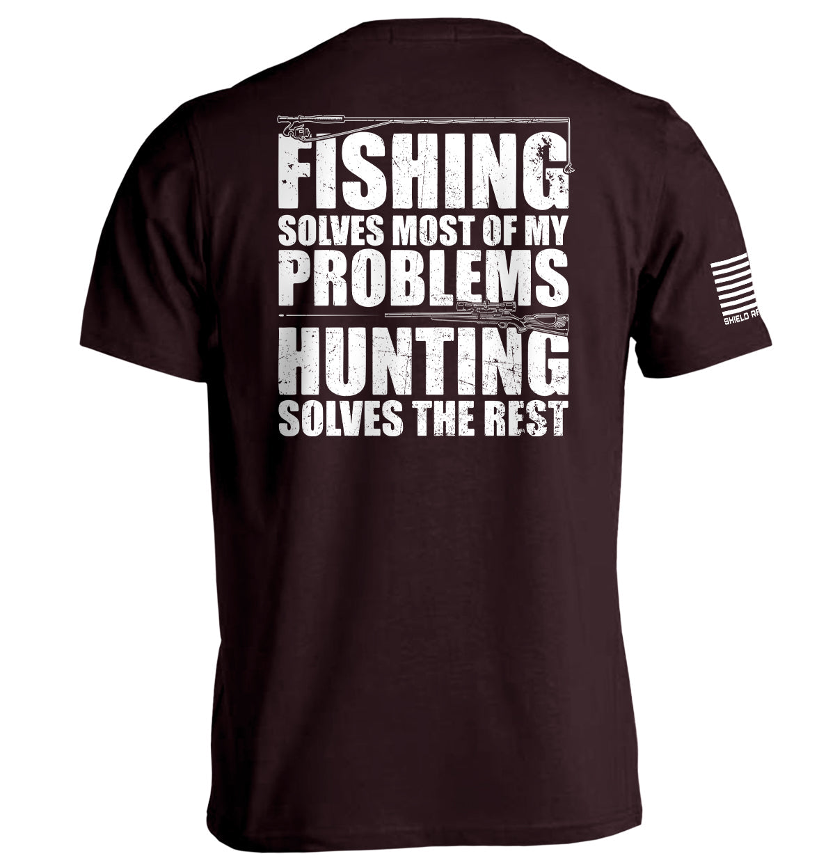 "Fishing Solves Most Of My Problems Shirt" with distressed lettering on the back, black tee, outdoor enthusiast design.