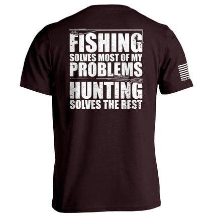 "Fishing Solves Most Of My Problems Shirt" with distressed lettering on the back, black tee, outdoor enthusiast design.