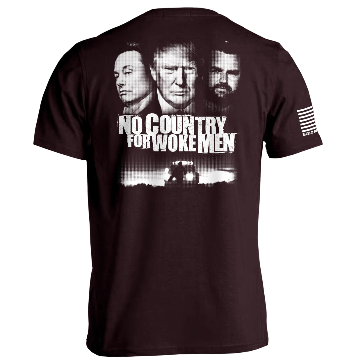 Black No Country for Woke Men Shirt with bold cinematic-inspired graphic design featuring iconic visual elements.