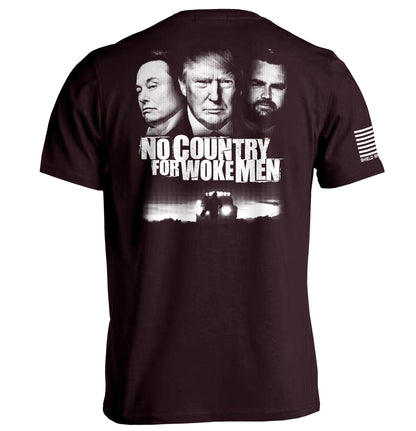 Black No Country for Woke Men Shirt with bold cinematic-inspired graphic design featuring iconic visual elements.