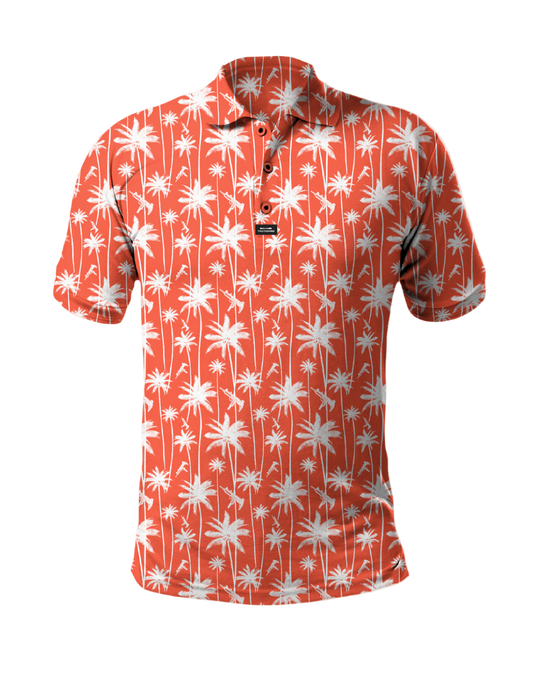 Orange polo shirt with white floral pattern on a white background