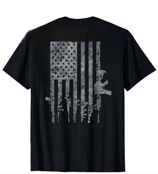 Black t-shirt with a white American flag graphic on the back against a white background