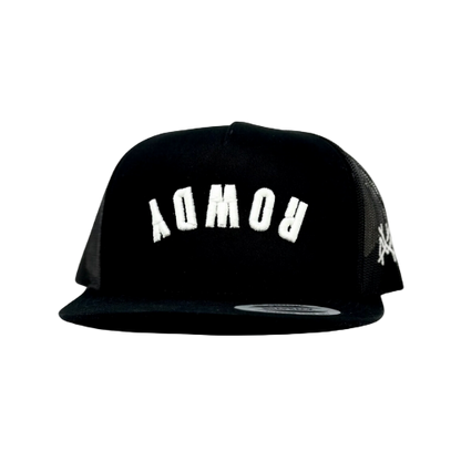 Black cap with white text on a white background