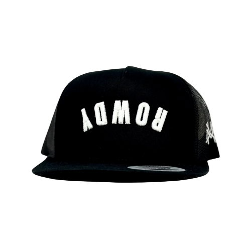 Black cap with white text on a white background