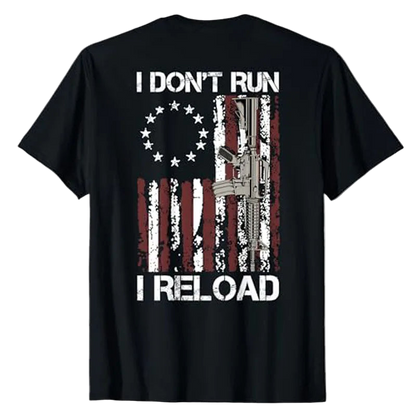 Black t-shirt with graphic design and text on a white background