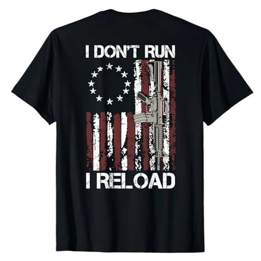 Black t-shirt with graphic design and text on a white background