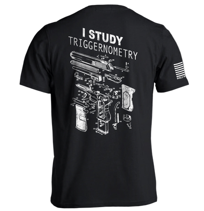 Black t-shirt with white graphic and text on a white background