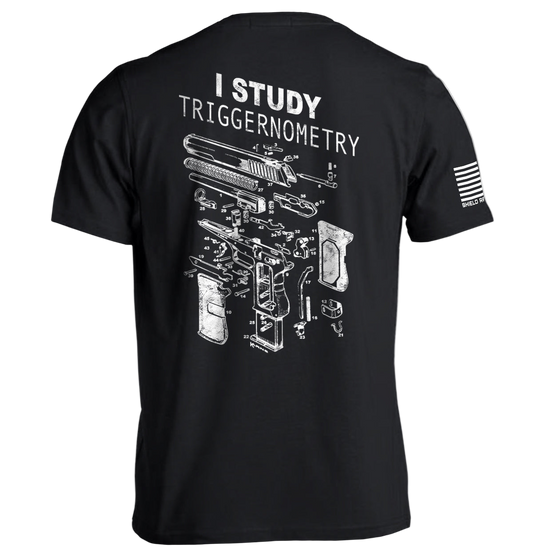 Black t-shirt with white graphic and text on a white background