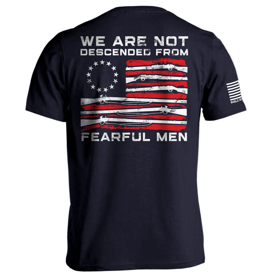 Black t-shirt with American flag design and text on a white background