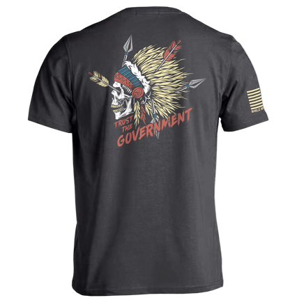 Black t-shirt with a graphic design on the back featuring a skull with feathers and arrows, and text 'Trust the Government'.
