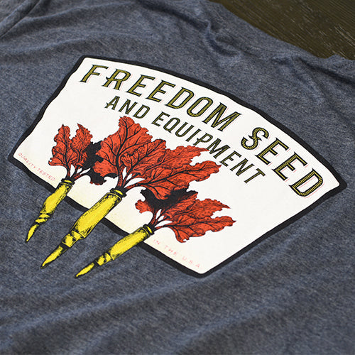 Freedom Seed and Equipment T-Shirt with vintage-inspired patriotic graphic, featuring tools and red leaves, symbolizing American heritage.