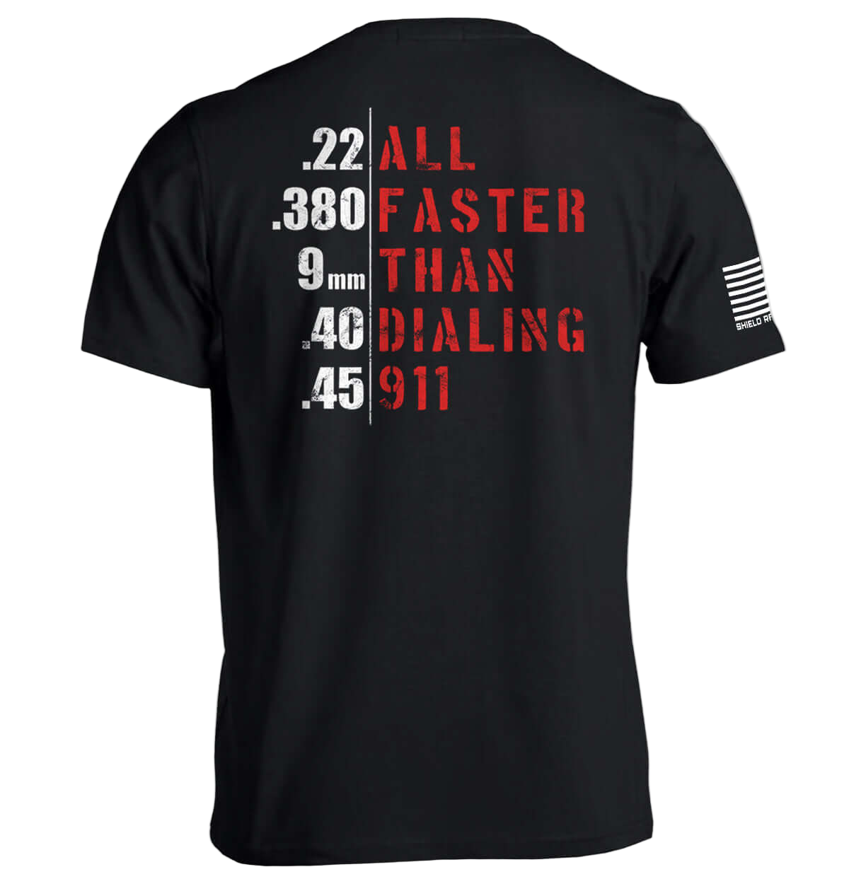 Black t-shirt with red and white text on the back, displayed against a white background.