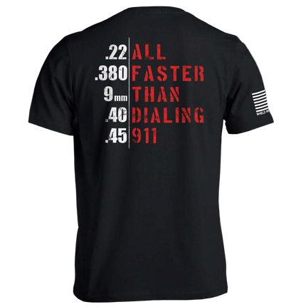 Black t-shirt with red and white text on the back, displayed against a white background.