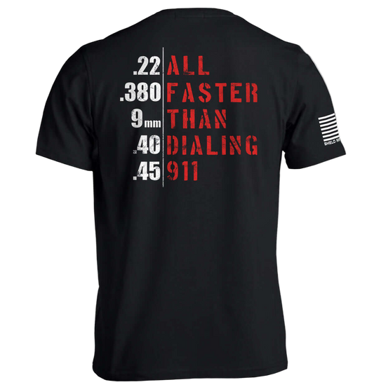 Black t-shirt with red and white text on the back, displayed against a white background.