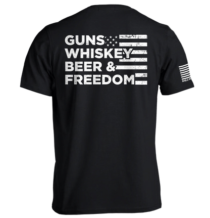 Black t-shirt with white text 'GUNS WHISKEY BEER & FREEDOM' on a white background