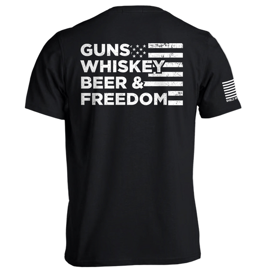 Black t-shirt with white text 'GUNS WHISKEY BEER & FREEDOM' on a white background