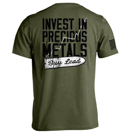 Green t-shirt with text 'Invest in Precious Metals Buy Lead' on a white background