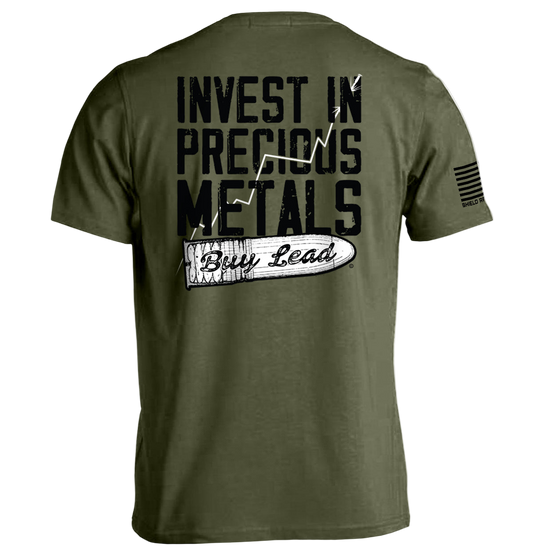 Green t-shirt with text 'Invest in Precious Metals Buy Lead' on a white background