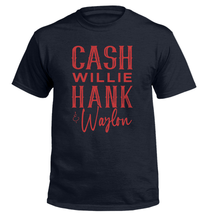 Black t-shirt with red text on a white background