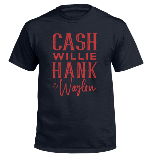 Black t-shirt with red text on a white background