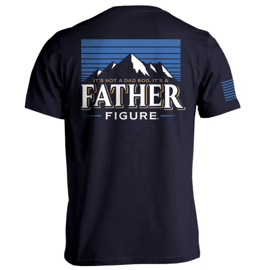 Black t-shirt with mountain graphic and text on the back, displayed on a white background