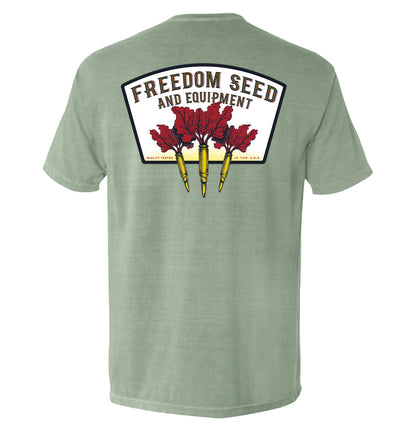Freedom Seed and Equipment T-Shirt with American-themed graphic of seeds and tools on a vintage-style design. Patriotic graphic tee.
