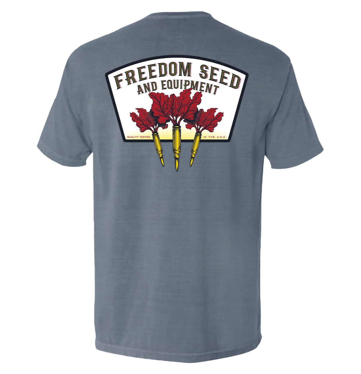 Freedom Seed and Equipment T-Shirt featuring a vintage-inspired patriotic graphic symbolizing growth, independence, and self-reliance.